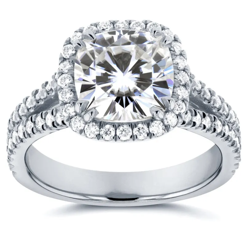 Annello by Kobelli 14k White Gold 2 1/2ct TCW Forever One Moissanite and Diamond Halo Split Shank Engagement Ring sold by Zulily