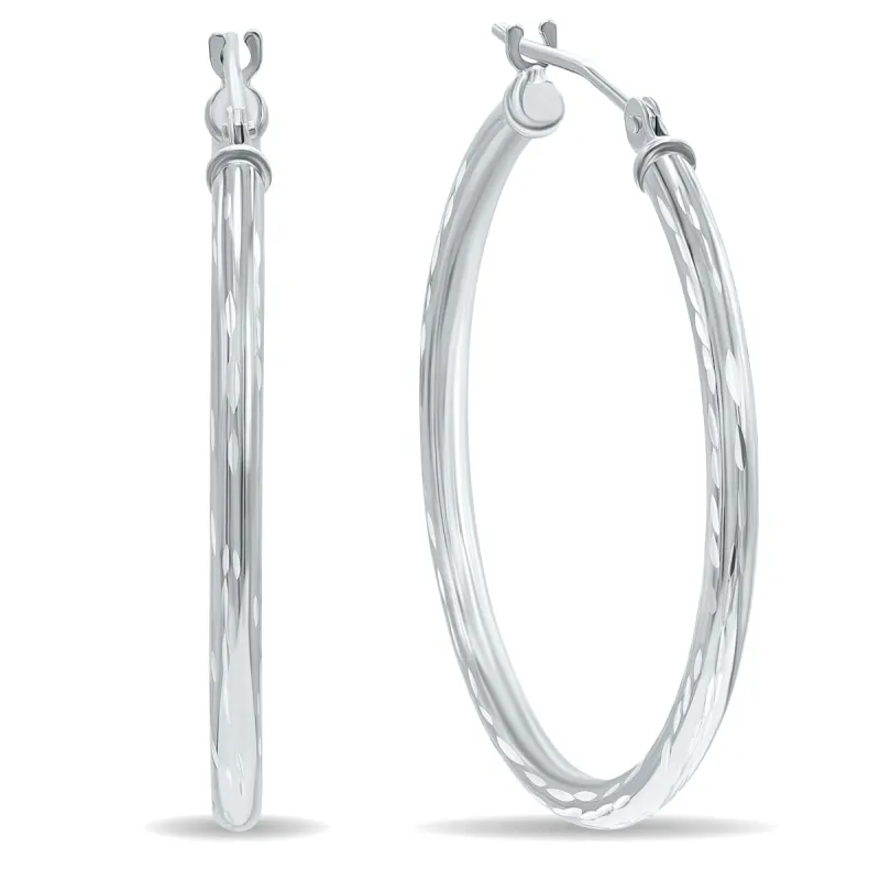 10K White Gold Shiny Diamond Cut Engraved Hoop Earrings (30mm) sold by Zulily