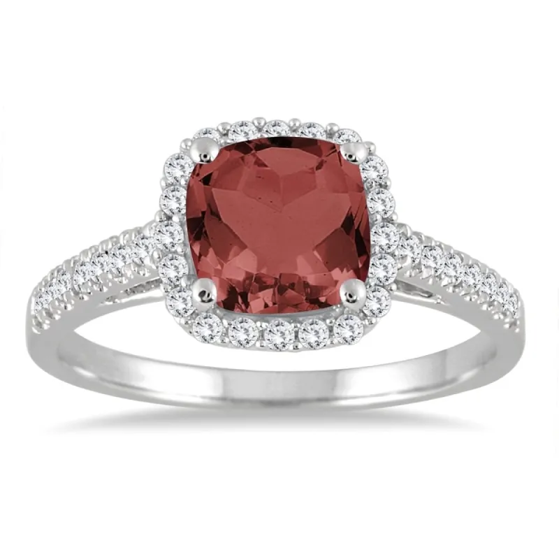 5MM Cushion Cut Garnet and Diamond Halo Ring in 10K White Gold sold by Zulily
