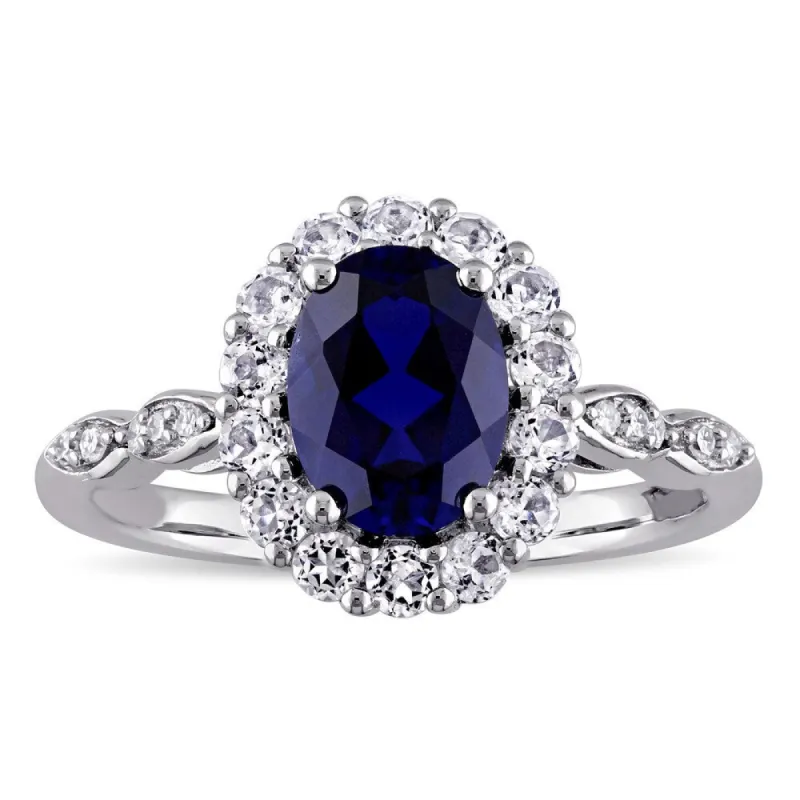 Miadora 14k White Gold Oval-cut Created Blue Sapphire, White Topaz and Diamond Accent Halo Cocktail made by Zulily