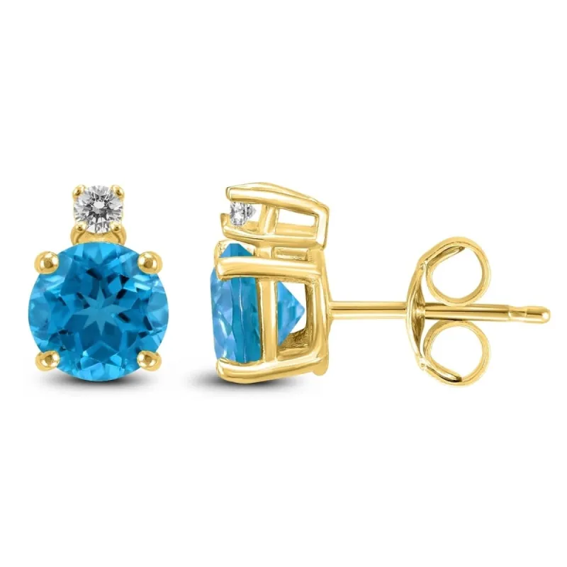 14K Yellow Gold 5MM Round Blue Topaz and Diamond Earrings sold by Zulily