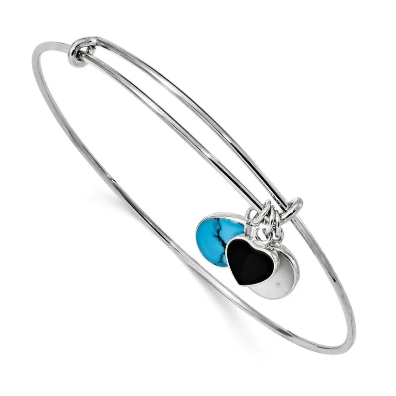 Curata 925 Sterling Silver Rhodium Onyx Turquoise and MOP Expandable Bangle sold by Zulily
