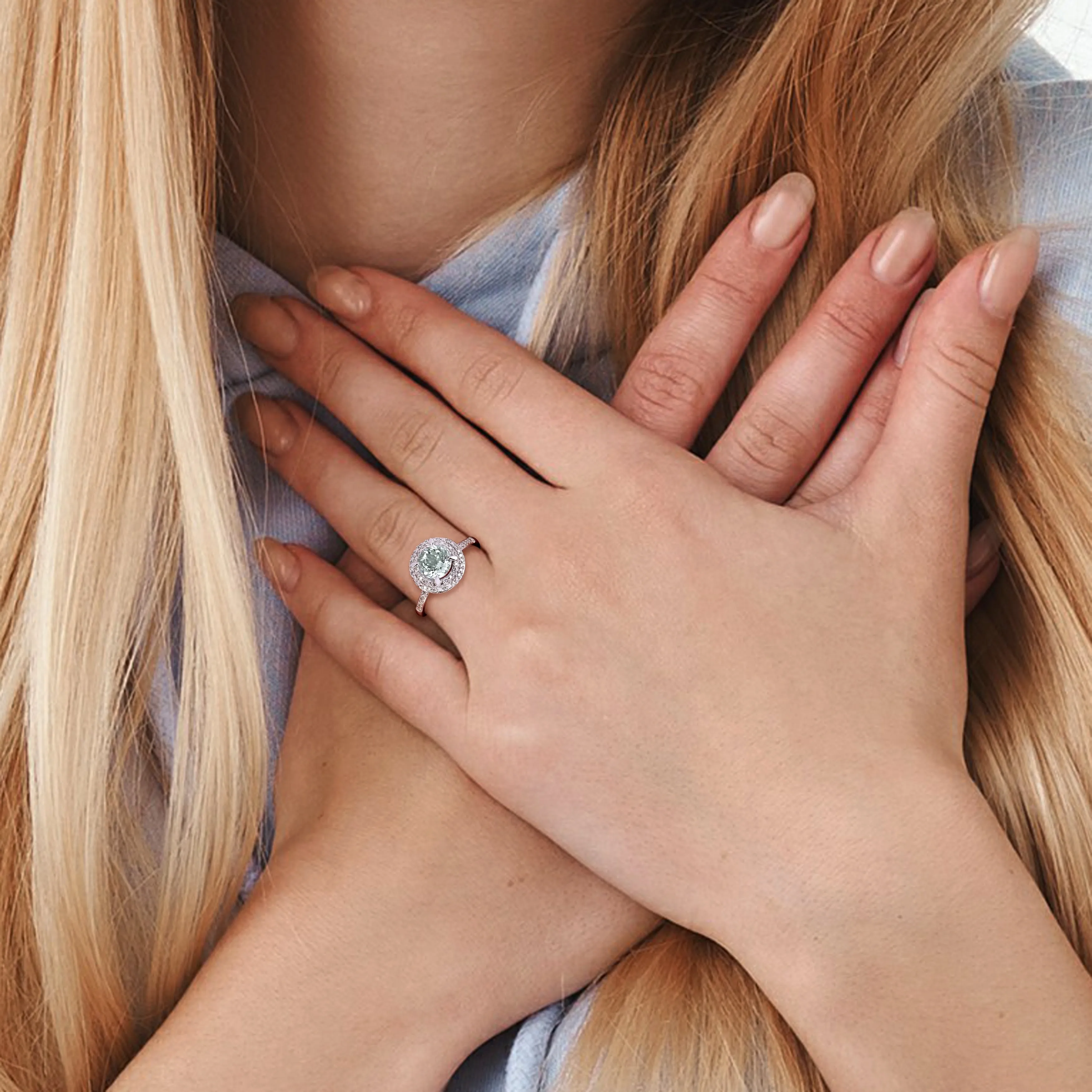 Miadora 1 1/7ct TGW Aquamarine and 1/10ct TW Diamond Halo Engagement Ring in 10k White Gold sold by Zulily product image thumbnail 5