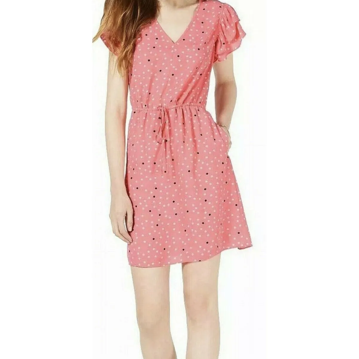 Maison Jules Women's Pink Polka Dot Short Sleeve V Neck Mini Sheath Dress-Pink Size X-Small sold by Zulily