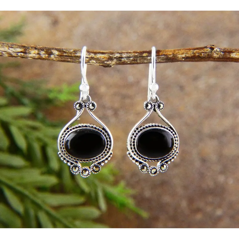 Tang & Song Sterling Silver Oval Sideway Black Onyx Marcasite Earring sold by Zulily