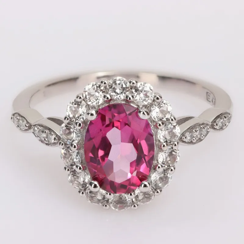 Miadora Oval-cut Pink and White Topaz with Diamond Accent Halo Cocktail Ring in 10k White Gold sold by Zulily