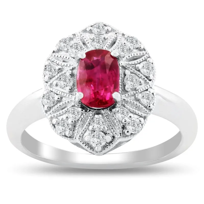 Auriya Platinum Vintage 1 1/10ct Oval-Cut Ruby and 1/3ct TDW Diamond Halo Engagement Ring sold by Zulily