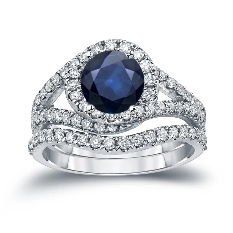 Auriya 7/8ct Blue Sapphire and 1ctw Halo Diamond Engagement Ring Set 14k Gold sold by Zulily