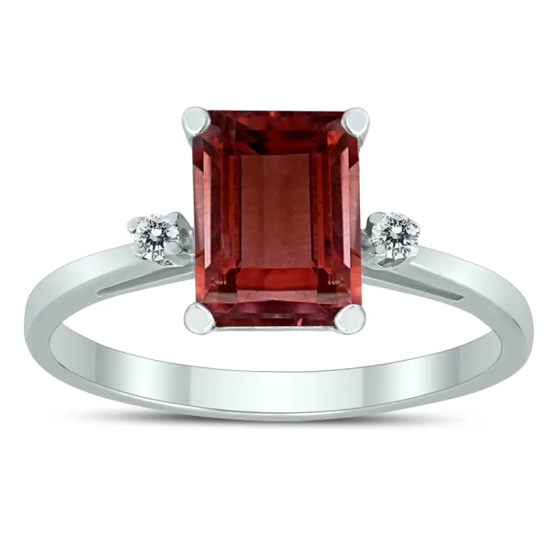 Emerald Cut 8X6MM Garnet and Diamond Three Stone Ring in 10K White Gold sold by Zulily