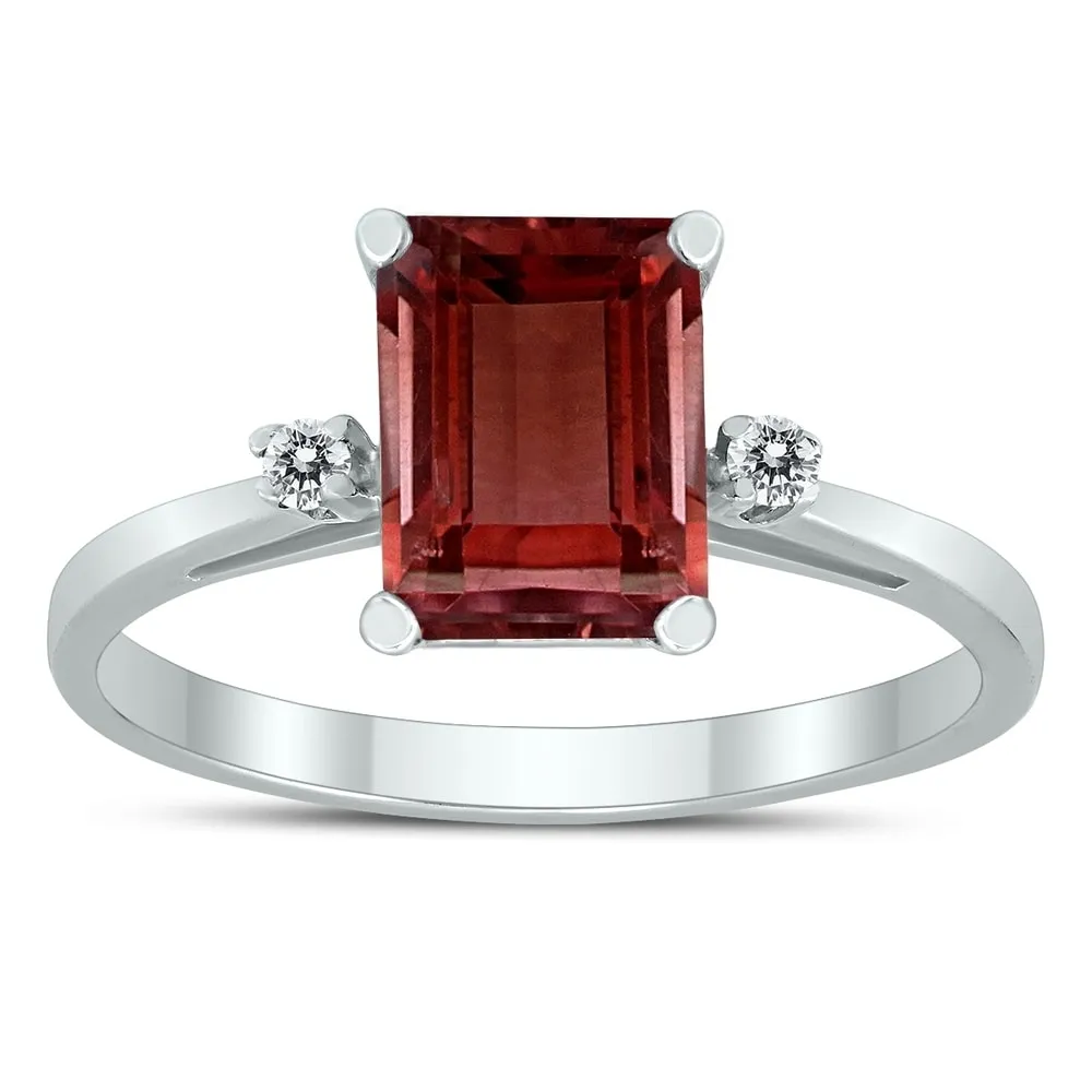 Emerald Cut 8X6MM Garnet and Diamond Three Stone Ring in 10K White Gold sold by Zulily
