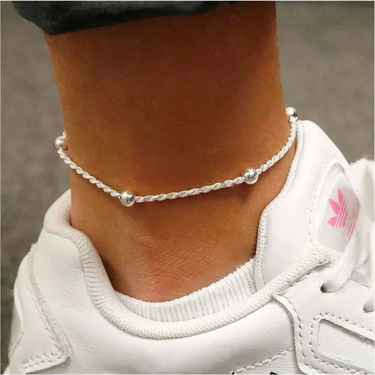 925 Sterling Silver 1.5MM Diamond Cut Rope Bead Anklet 9" or 10" sold by Zulily