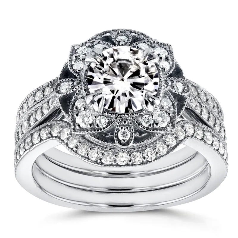 Annello by Kobelli 14k White Gold Round Moissanite and 5/8ct TDW Diamond 3-Piece Floral Antique Brid sold by Zulily