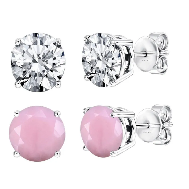 Set of Two Sterling Silver with Natural White Topaz and Pink Opal Stud Earrings sold by Zulily