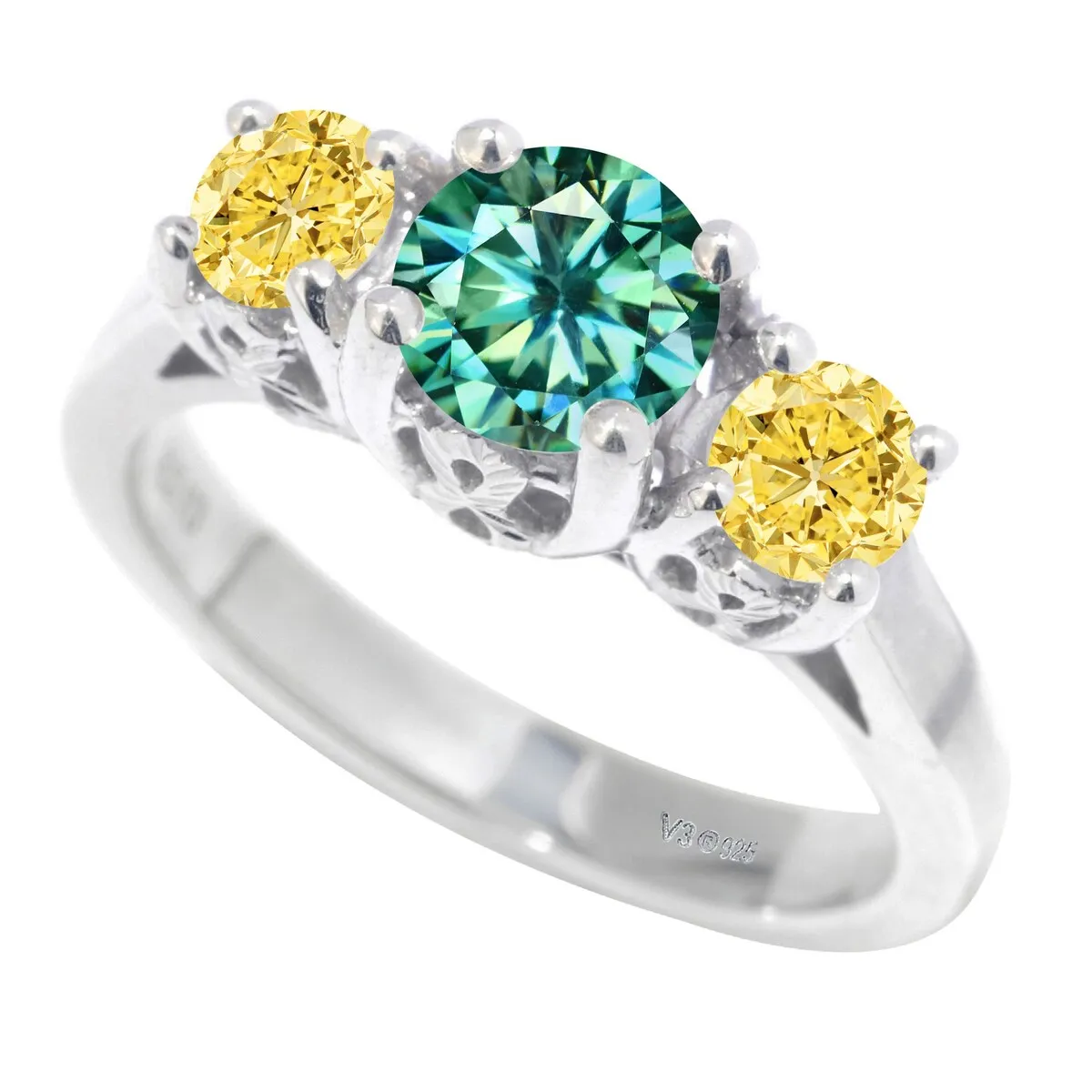 Sterling Silver with Green Moissanite & Yellow Moissanite 3 Stone Ring sold by Zulily