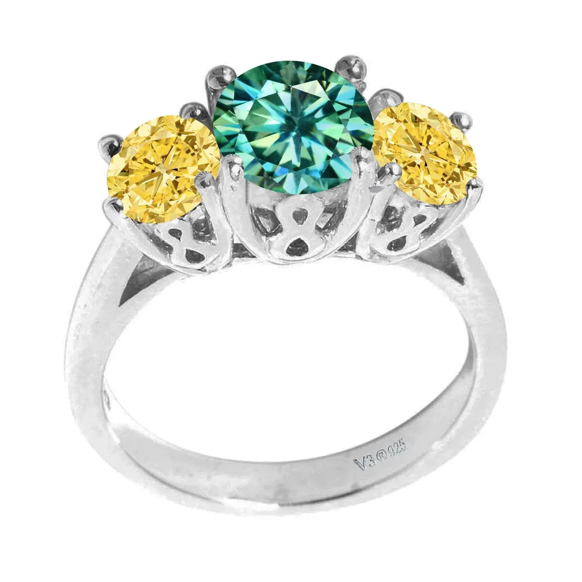 Sterling Silver with Green Moissanite & Yellow Moissanite 3 Stone Ring sold by Zulily product image thumbnail 2