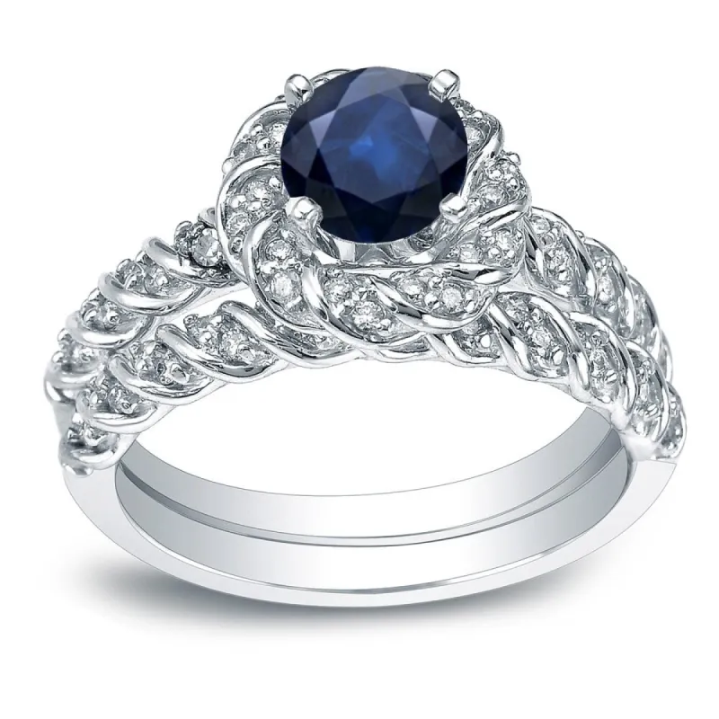 Auriya 14k Gold 1ct Blue Sapphire and 3/5ctw Twisted Halo Diamond Engagement Ring Set sold by Zulily