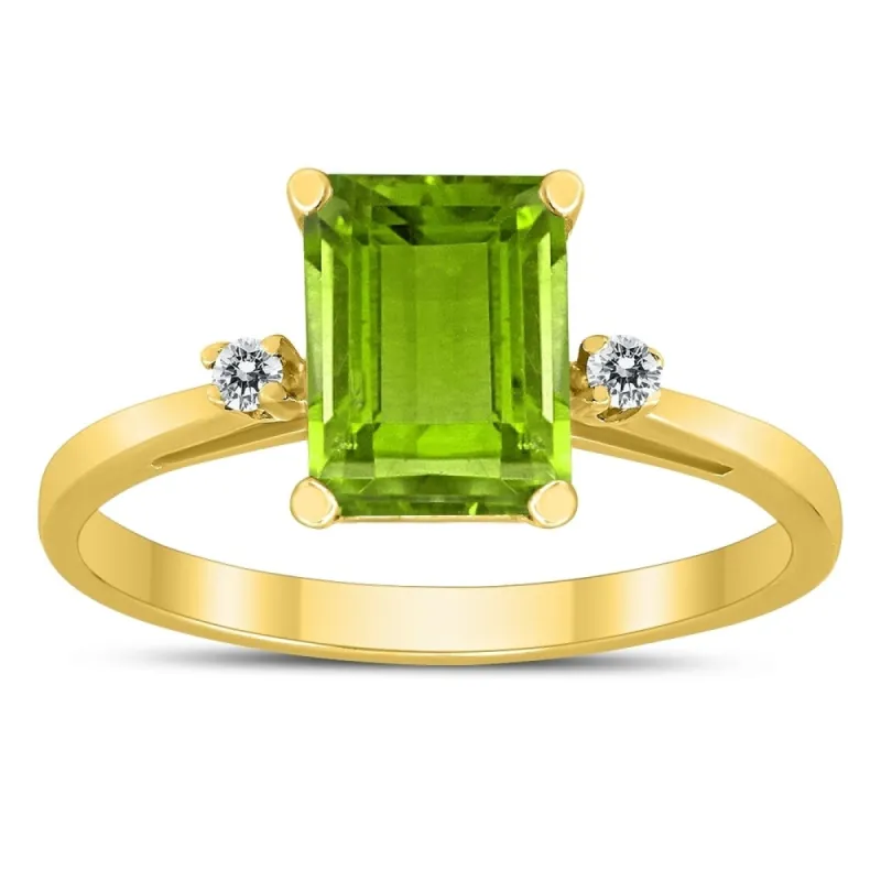 Emerald Cut 8X6MM Peridot and Diamond Three Stone Ring in 10K Yellow Gold sold by Zulily