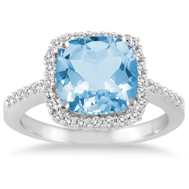 2 1/2 Carat Cushion Cut Blue Topaz and Diamond Ring 14K White Gold sold by Zulily