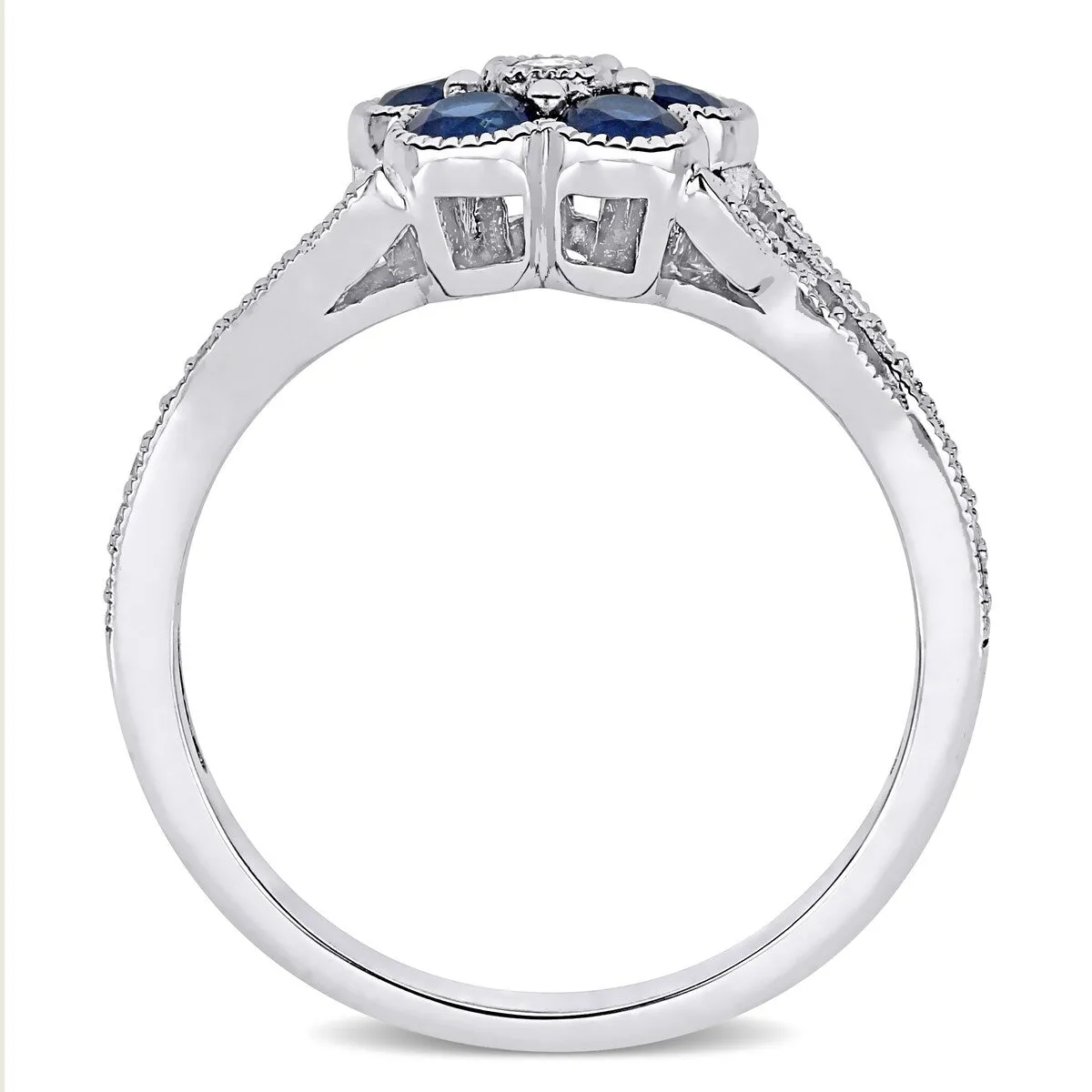 Flower Blue Sapphire and 1/6ct TDW Diamond Split Shank Ring in 10k White Gold by Miadora sold by Zulily product image thumbnail 4
