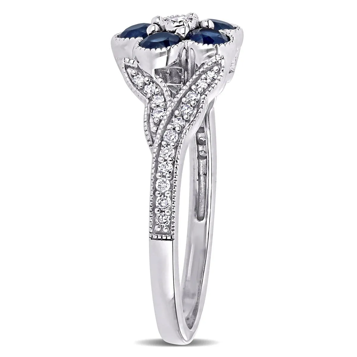 Flower Blue Sapphire and 1/6ct TDW Diamond Split Shank Ring in 10k White Gold by Miadora sold by Zulily product image thumbnail 3