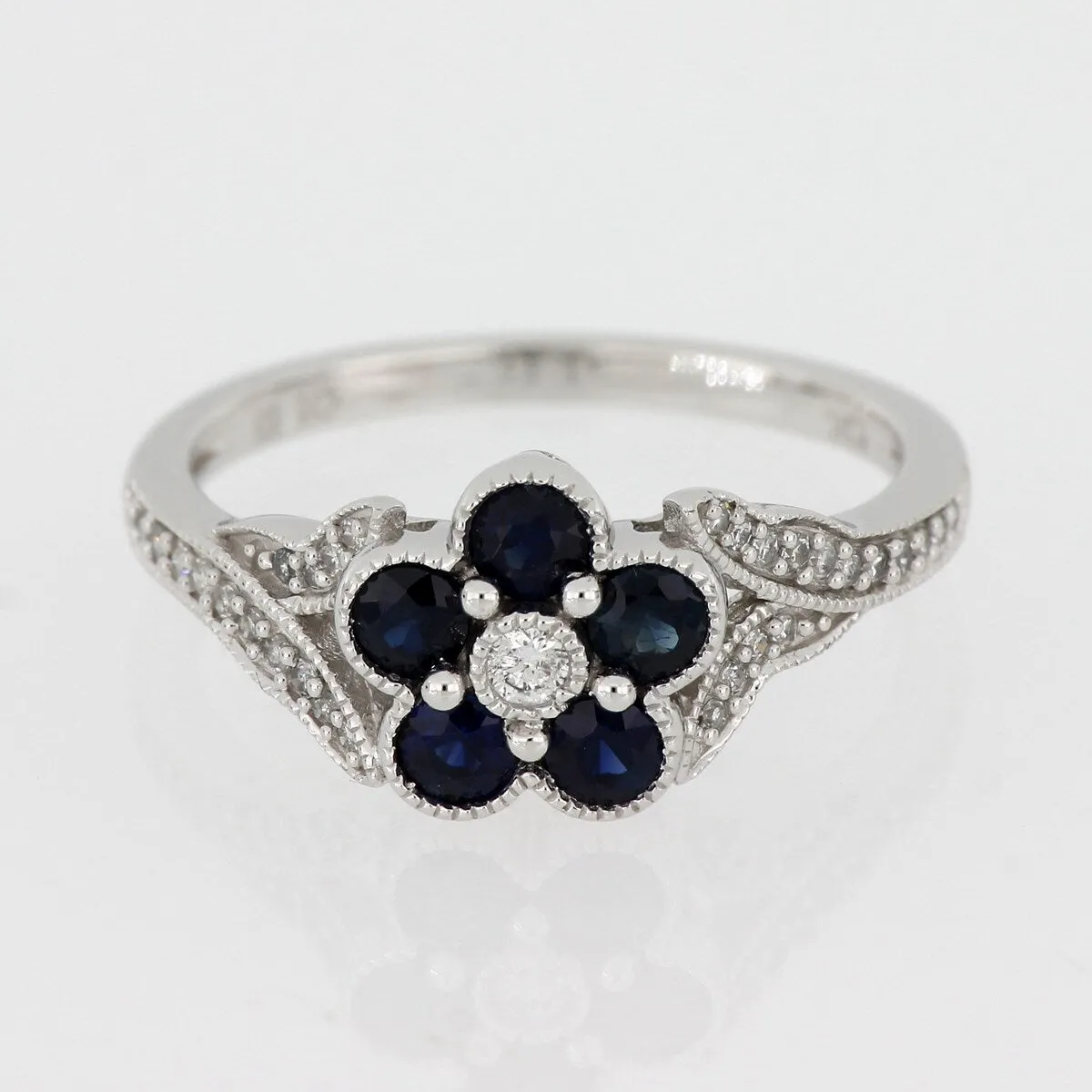 Flower Blue Sapphire and 1/6ct TDW Diamond Split Shank Ring in 10k White Gold by Miadora sold by Zulily product image thumbnail 2