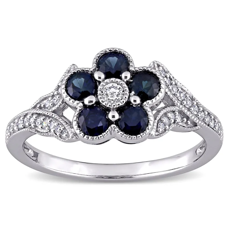 Flower Blue Sapphire and 1/6ct TDW Diamond Split Shank Ring in 10k White Gold by Miadora sold by Zulily