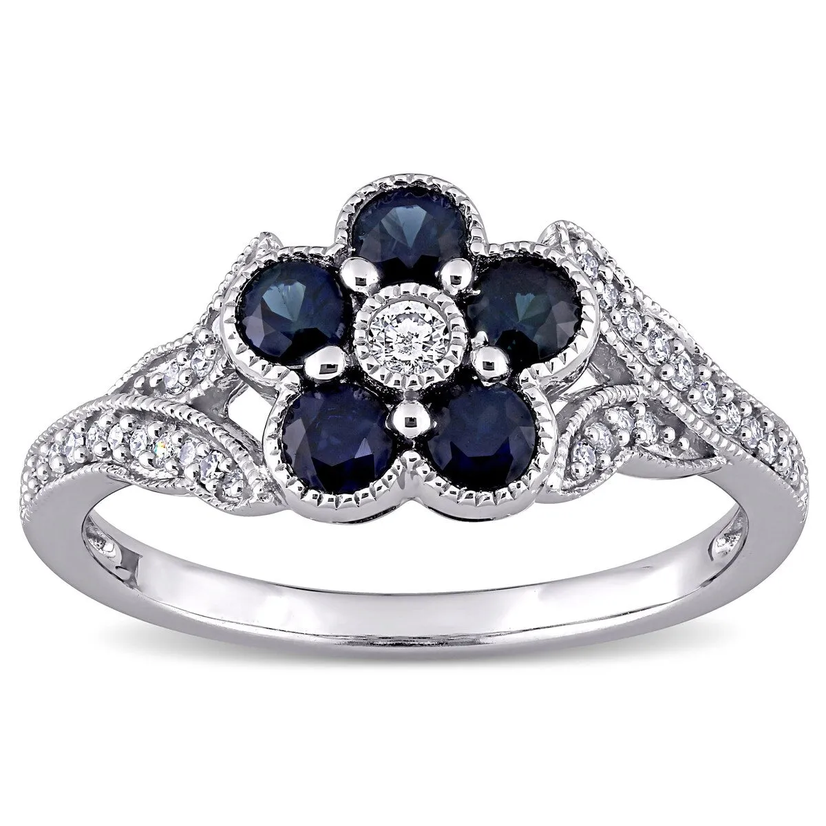 Flower Blue Sapphire and 1/6ct TDW Diamond Split Shank Ring in 10k White Gold by Miadora sold by Zulily