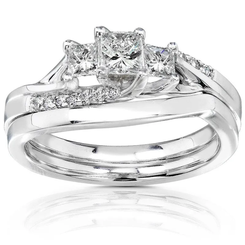 Annello by Kobelli 14k White Gold 1/2ct TDW Princess Diamond 3-Stone Curved Bridal Rings Set sold by Zulily