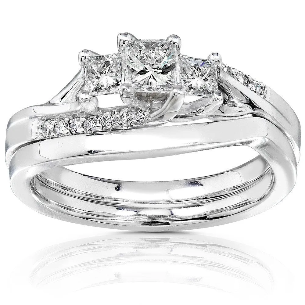 Annello by Kobelli 14k White Gold 1/2ct TDW Princess Diamond 3-Stone Curved Bridal Rings Set sold by Zulily