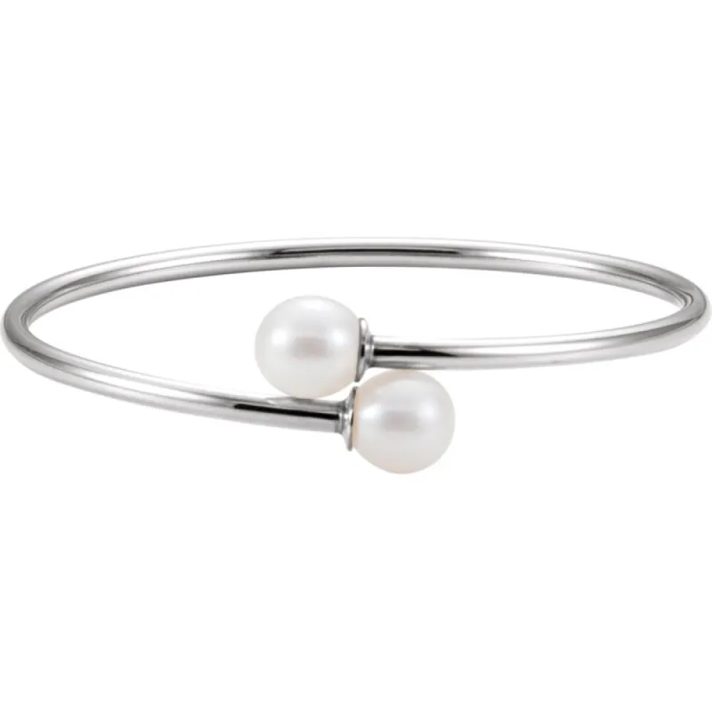 Curata 925 Sterling Silver 10mm Cultured White Pearl Flexible Cuff Bangle Bracelet sold by Zulily