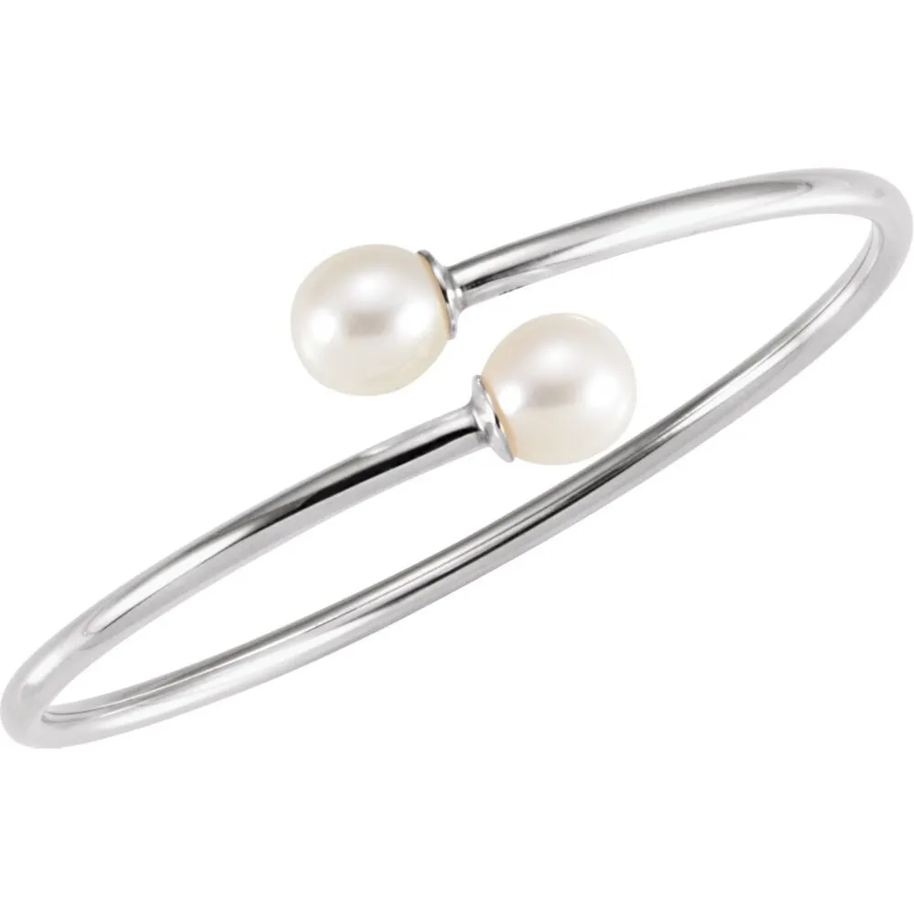 Curata 925 Sterling Silver 10mm Cultured White Pearl Flexible Cuff Bangle Bracelet sold by Zulily product image thumbnail 2