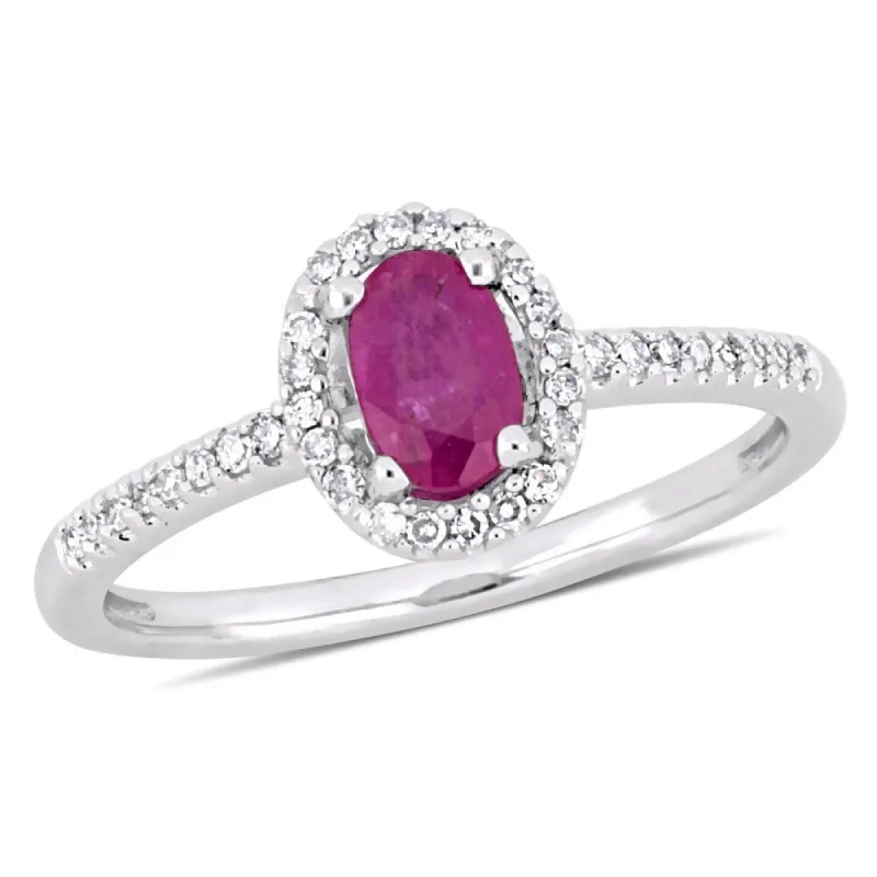Miadora 10k White Gold Ruby and 1/8ct TDW Diamond Halo Engagement Ring sold by Zulily