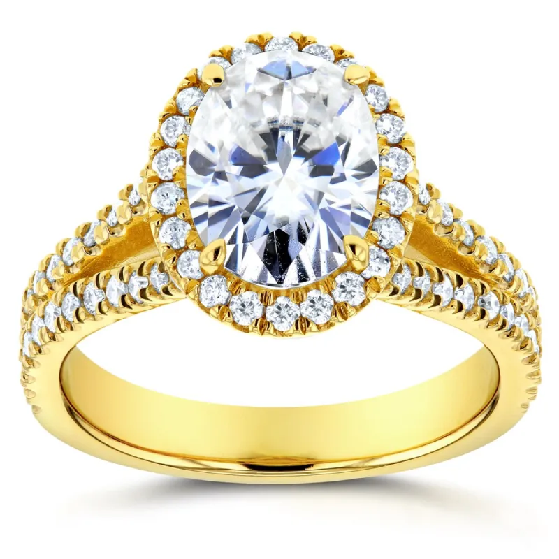 Annello by Kobelli 14k Yellow Gold 2ct TGW Moissanite and Diamond Oval Halo Split Shank Engagement Ring sold by Zulily