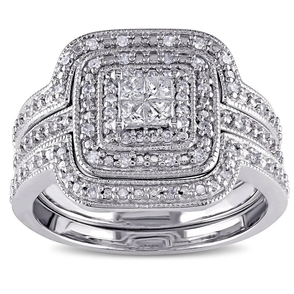 Miadora Sterling Silver 3/8ct TDW Diamond Princess-cut Halo 3-piece Bridal Ring Set sold by Zulily