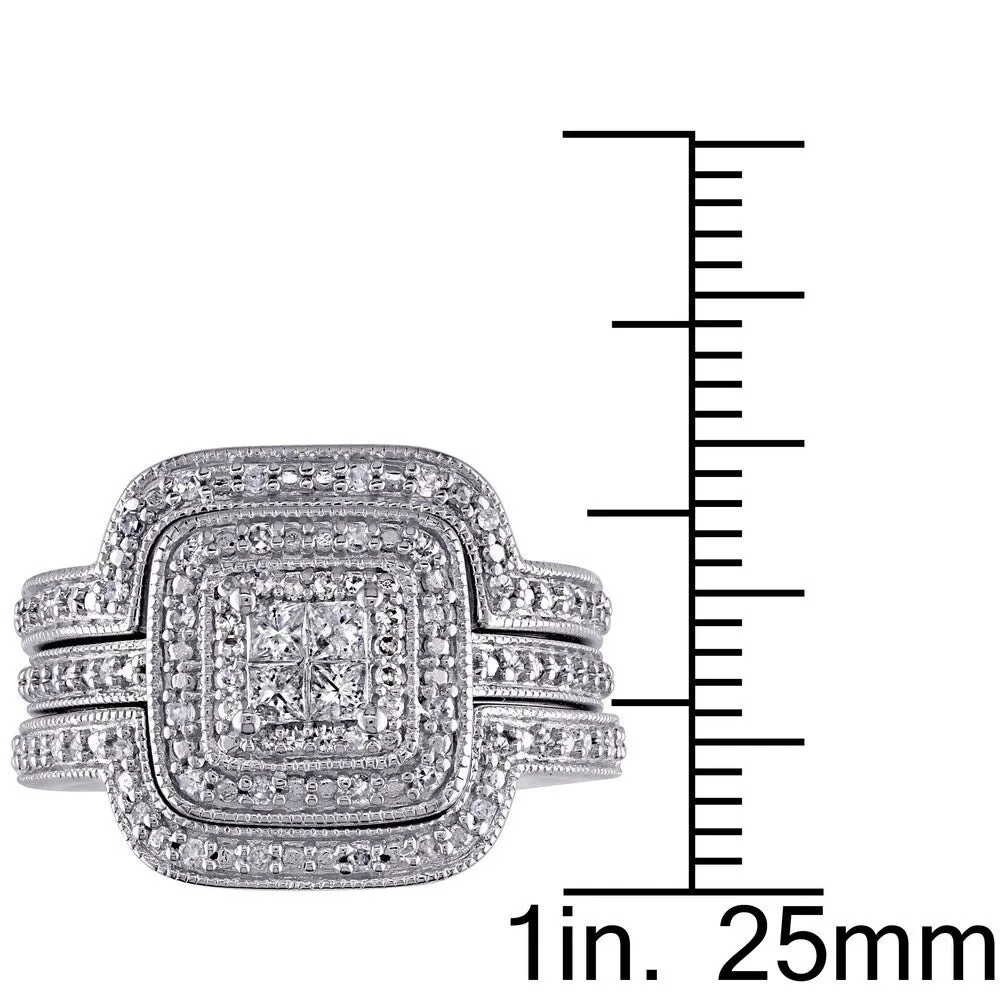 Miadora Sterling Silver 3/8ct TDW Diamond Princess-cut Halo 3-piece Bridal Ring Set sold by Zulily product image thumbnail 3