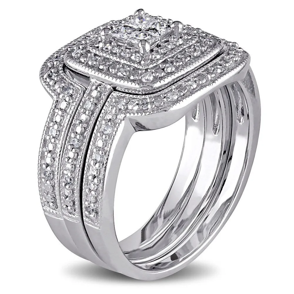 Miadora Sterling Silver 3/8ct TDW Diamond Princess-cut Halo 3-piece Bridal Ring Set sold by Zulily product image thumbnail 2