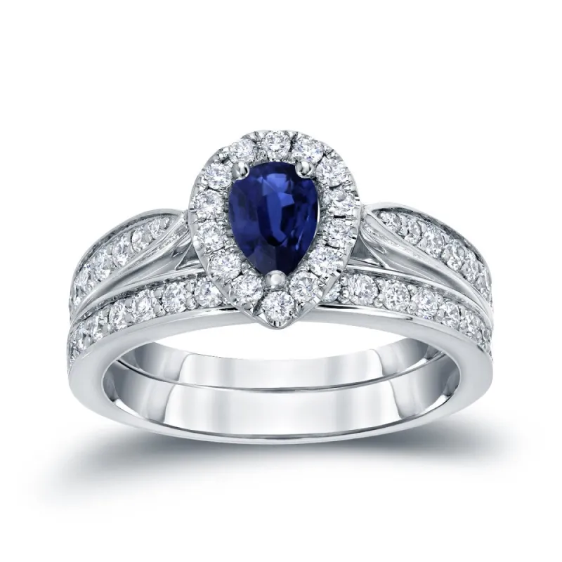 14k Gold 1/2ct Pear Shaped Sapphire and 1/2ct TDW Halo Diamond Engagement Ring Set by Auriya sold by Zulily