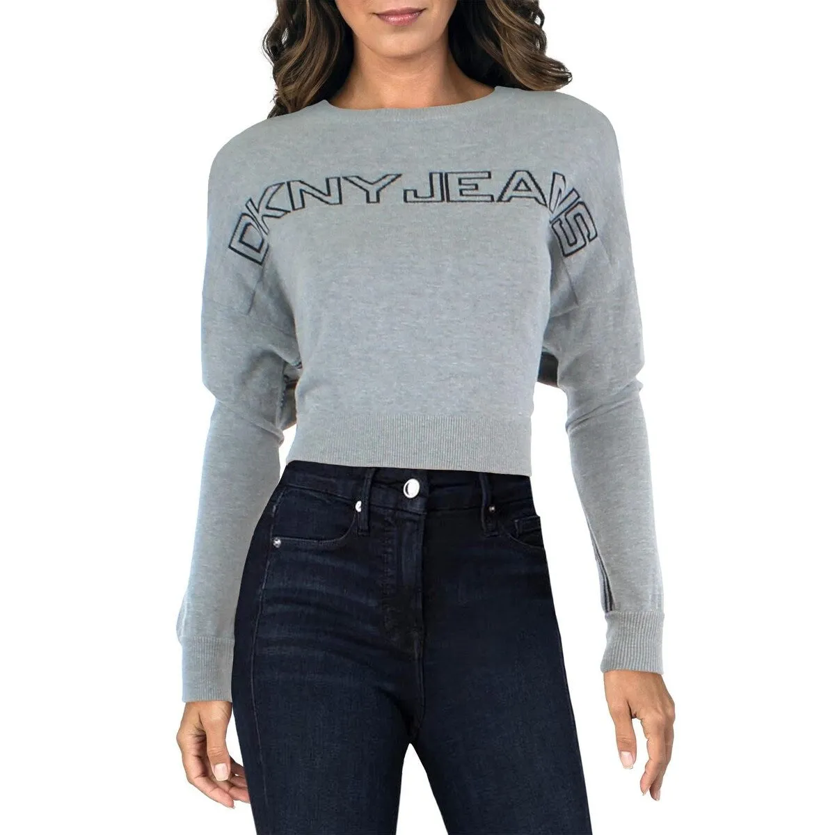 DKNY Women's Ribbed Trim Logo Crop Sweater Gray Size X-Large sold by Zulily