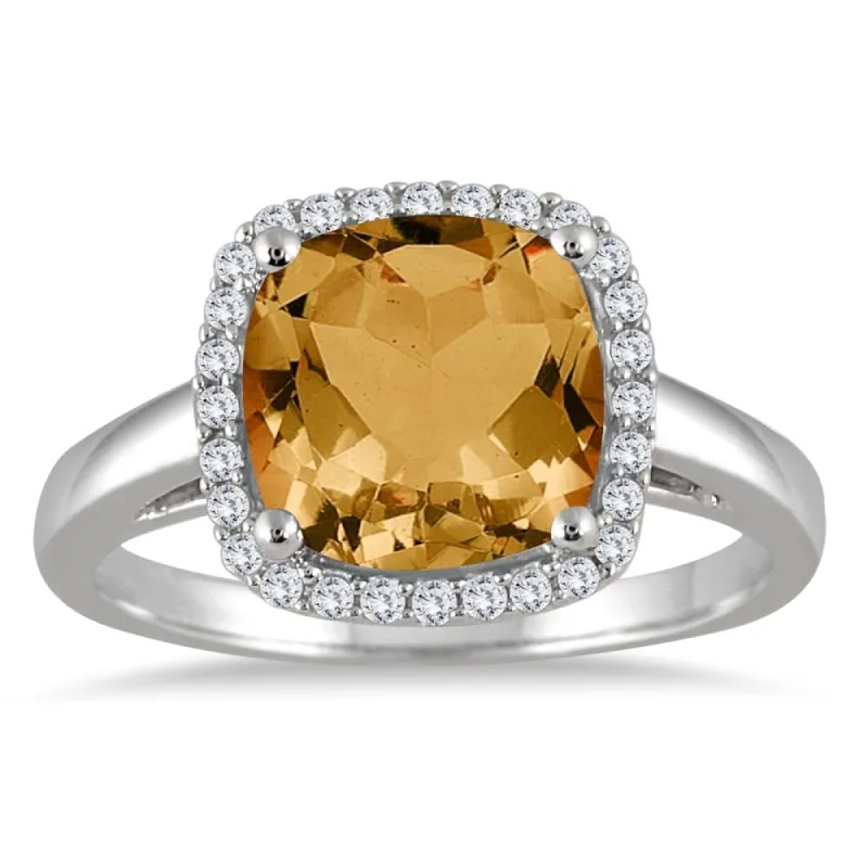 2.80 Carat Cushion Cut Citrine and Diamond Halo Ring in 10K White Gold sold by Zulily