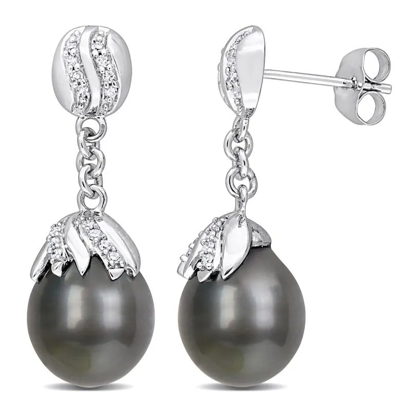 Miadora Black Tahitian Cultured Pearl & 1/7ct TDW Diamond Drop Earrings in 14kt White Gold (9-10mm) sold by Zulily