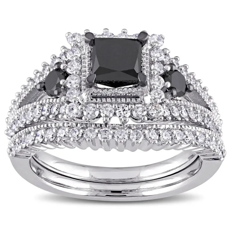 Miadora 10k White Gold 2ct TDW Black and White Diamond 3-stone Bridal Set sold by Zulily