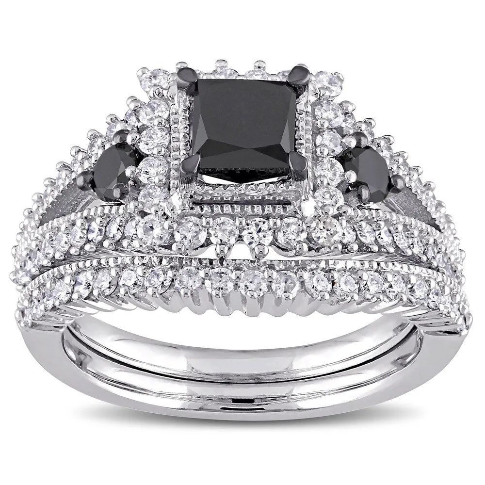 Miadora 10k White Gold 2ct TDW Black and White Diamond 3-stone Bridal Set sold by Zulily