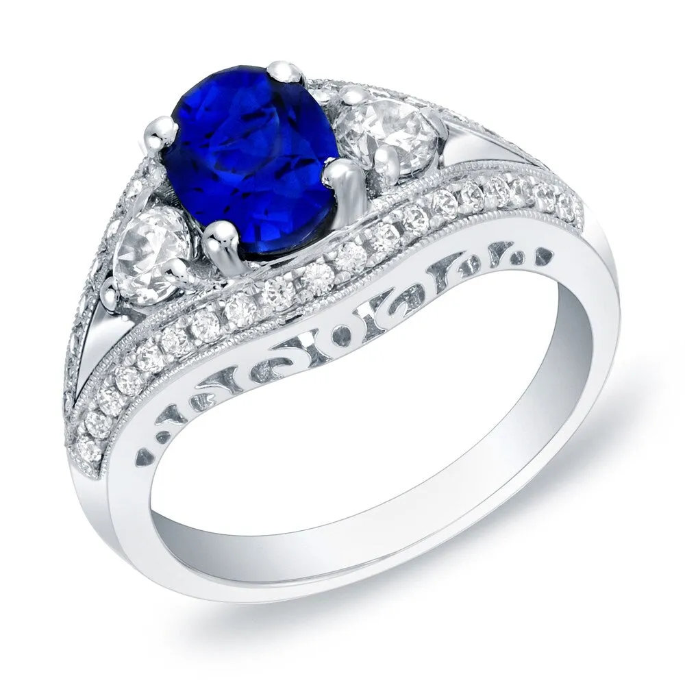 Auriya Vintage 1ct Oval Cut Blue Sapphire and 3/4ctw 3 Stone Diamond Engagement Ring 14k Gold sold by Zulily
