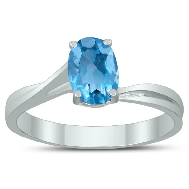 Solitaire Oval 7X5MM Blue Topaz Gemstone Twist Ring in 10K White Gold sold by Zulily