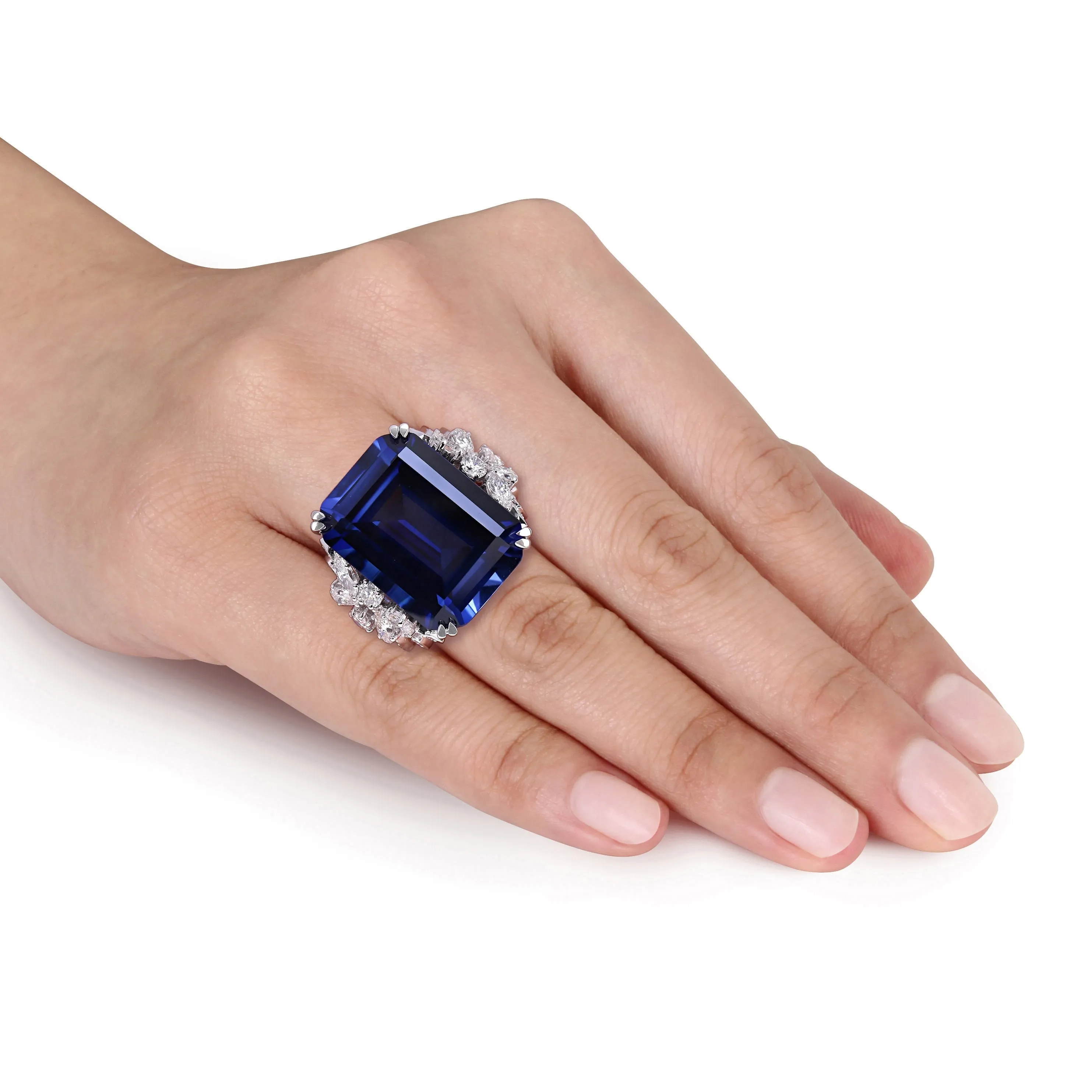 Miadora 27ct TGW Created Blue Sapphire and 1 3/4ct TDW Diamond Halo Engagement Ring in 14k White Gold sold by Zulily product image thumbnail 4