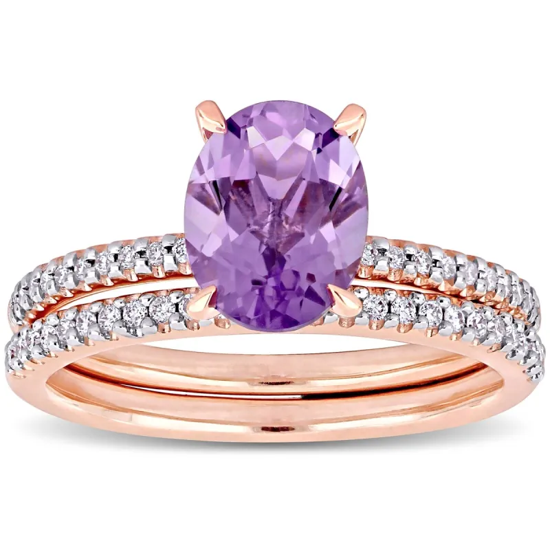 Miadora 14k Rose Gold Oval-cut Amethyst and 1/4ct TDW Diamond Solitaire Bridal Ring Set sold by Zulily