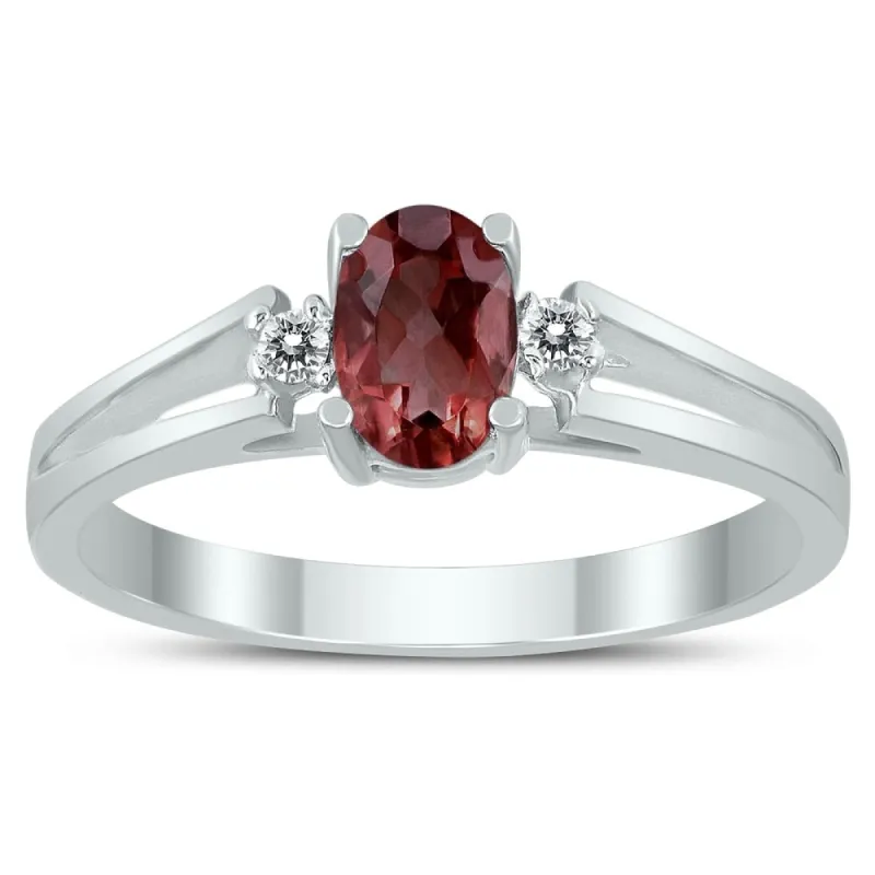 6X4MM Garnet and Diamond Open Three Stone Ring in 10K White Gold sold by Zulily