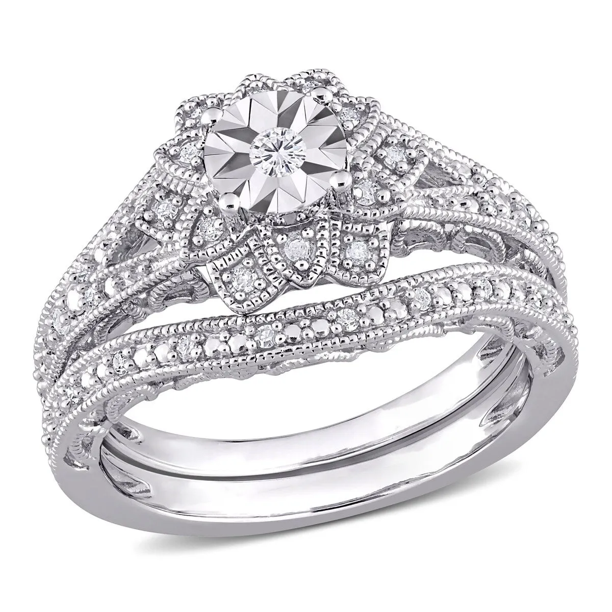 Miadora Sterling Silver 1/5ct TDW Diamond Vintage Floral Bridal Ring Set sold by Zulily product image thumbnail 3