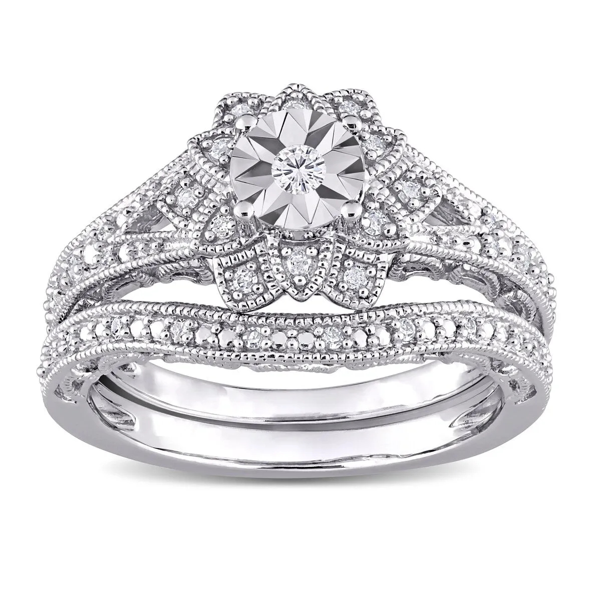 Miadora Sterling Silver 1/5ct TDW Diamond Vintage Floral Bridal Ring Set sold by Zulily product image thumbnail 4