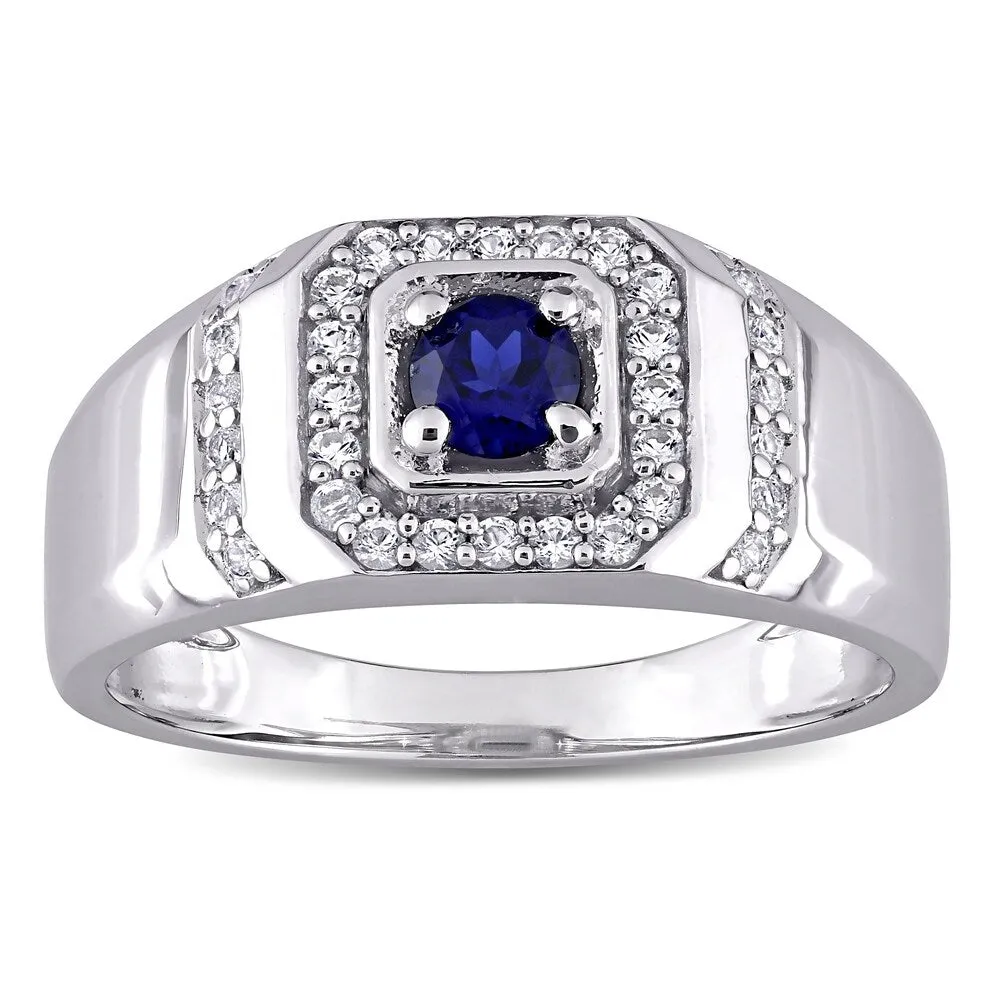 Miadora Sterling Silver Men's Created Blue and White Sapphire Halo Wedding Band Ring sold by Zulily product image thumbnail 2